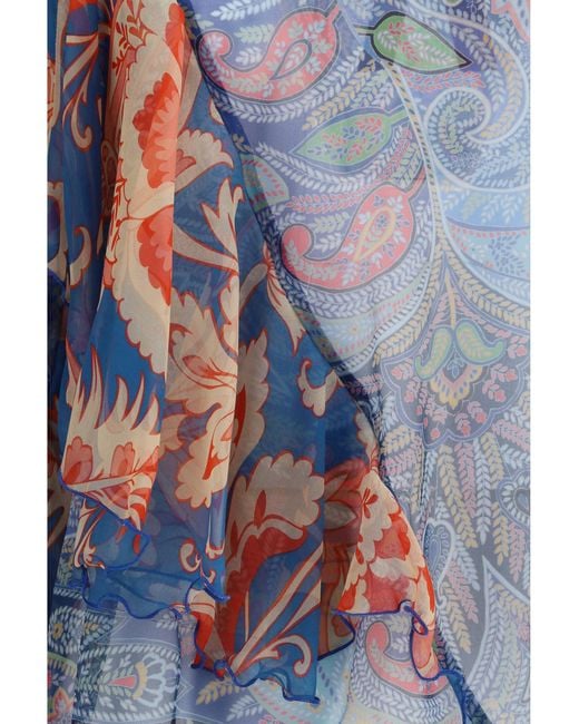 Etro Blue Long-Sleeve Silk Shirt With Ruffles And Floral Motif