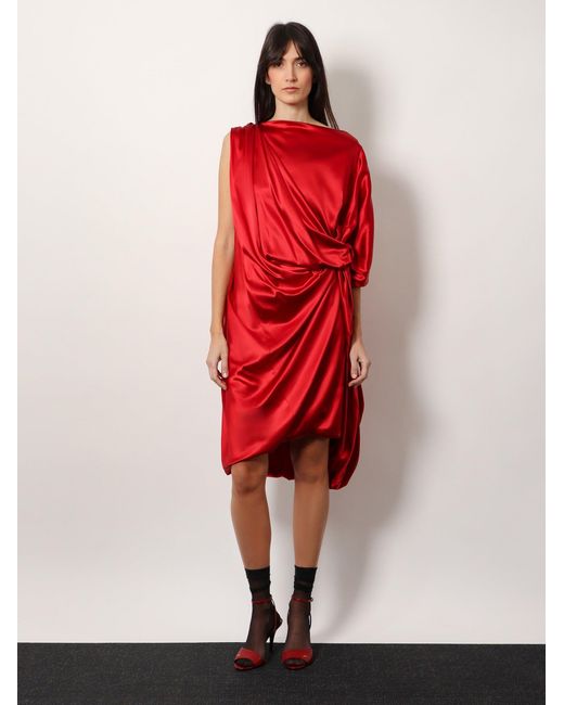 Dries Van Noten Red Dalant Silk Dress With Lateral Knot