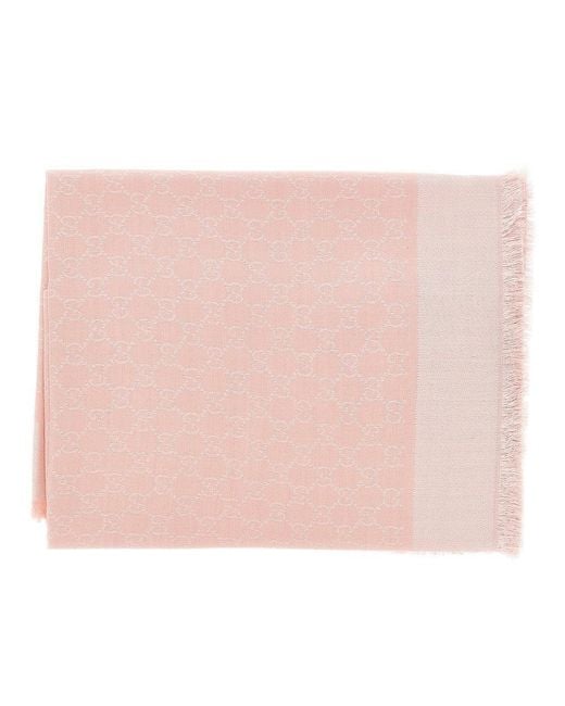 Gucci Pink Silk And Wool Scarf With Gg Motif