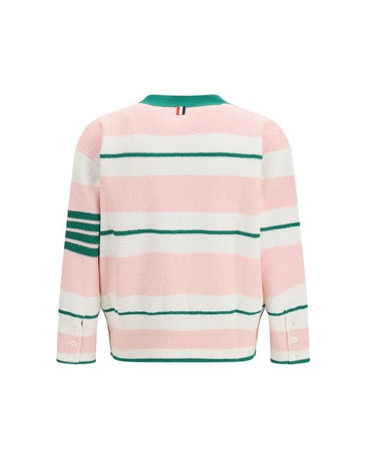 Thom Browne Green Classic Stripe Seed Stitch V Neck Cardigan for men