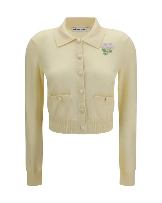 Self-Portrait White Floral Embroidered Knit Cardigan