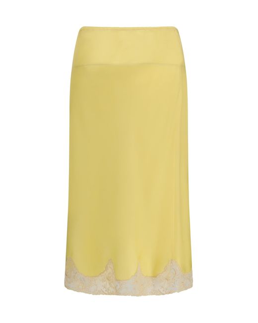 Saint Laurent Yellow Satin Midi Skirt With Lace Inserts