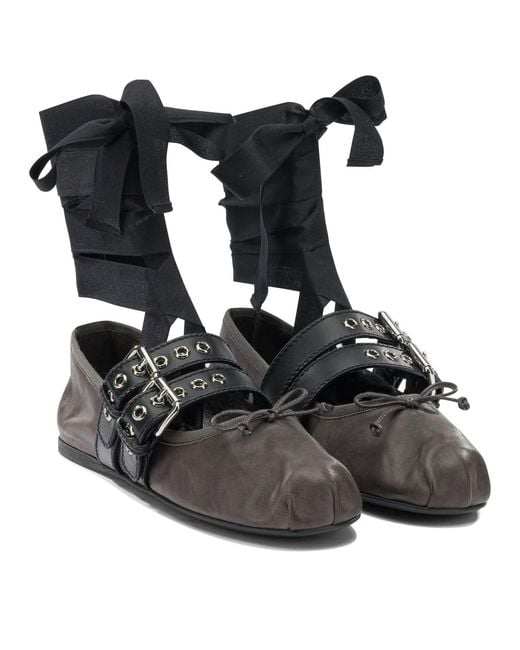 Miu Miu Black Leather Ballets Flat With Ribbon