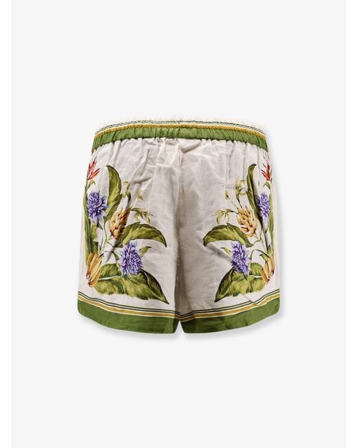 Farm Rio Green Shorts Tropical Print Linen-Blend