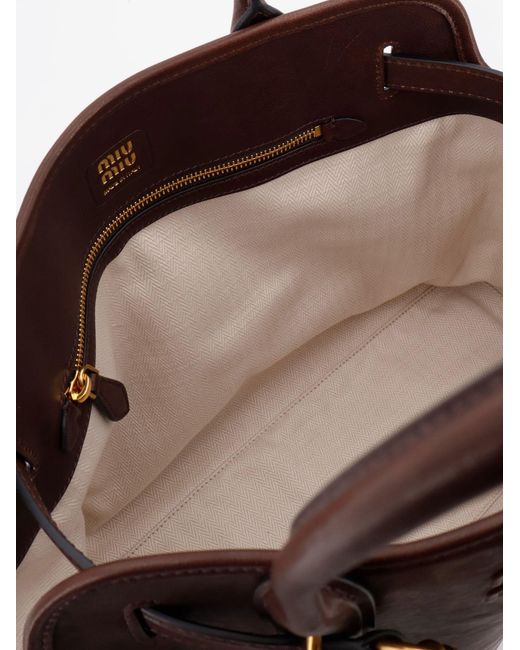 Miu Miu Brown Aventure Leather Handbag With Front Lettering Logo
