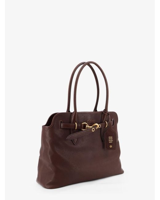 Miu Miu Brown Aventure Leather Handbag With Front Lettering Logo