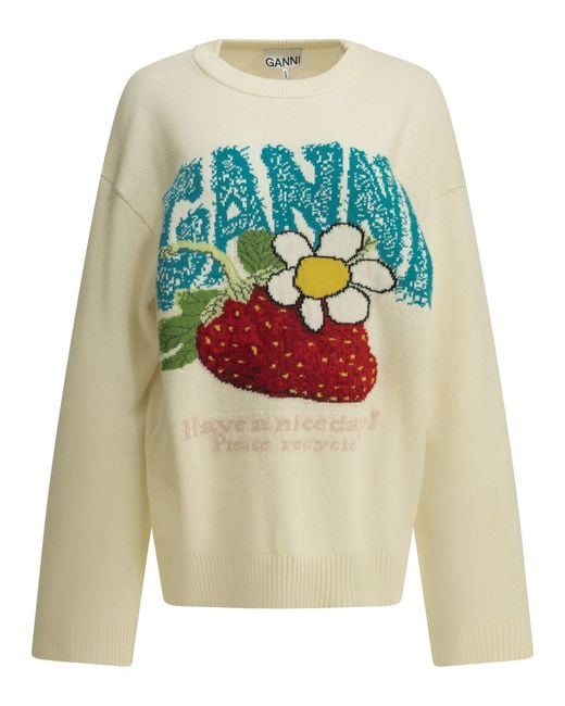 Ganni White "Strawberry" Crew-Neck Sweater