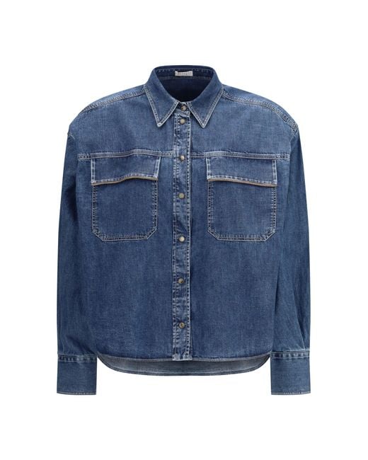 Brunello Cucinelli Blue Denim Shirt With Jewel Details