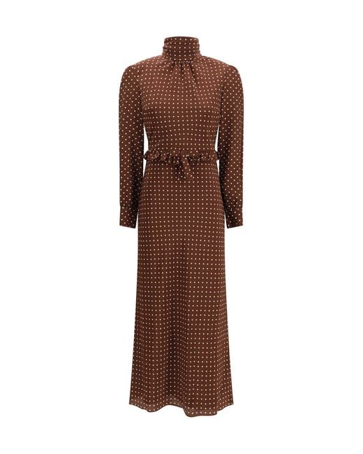 Alessandra Rich Brown Polka Dot Silk Crãªpe De Chine Midi Dress With Bow
