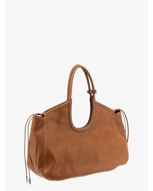 Miu Miu Brown Ivy Leather Handbag With Front Lettering Logo