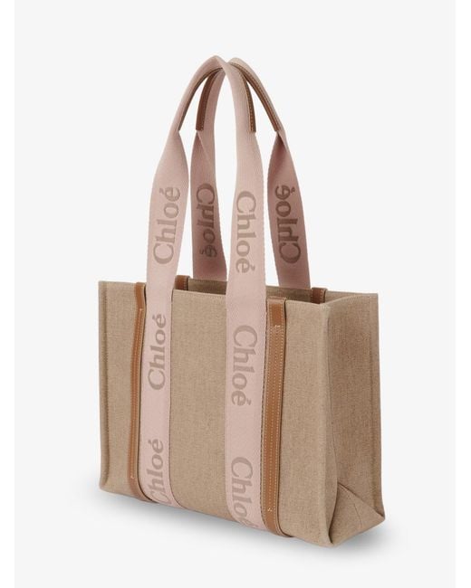 Chloé Natural Woody Linen Shoulder Bag With Front Embroidered Logo