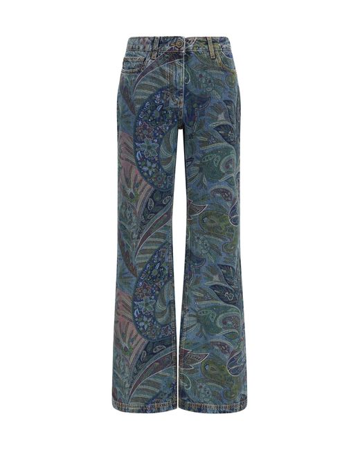 Etro Blue Flare Pants With Paisley Ramage Motif