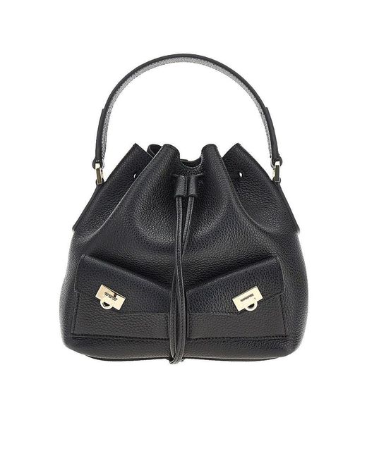 Women's Black Grained Leather Multipocket Bucket Bag
