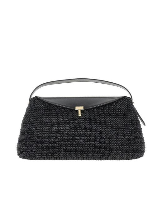 Women's Black T-Lock Woven Leather Bag