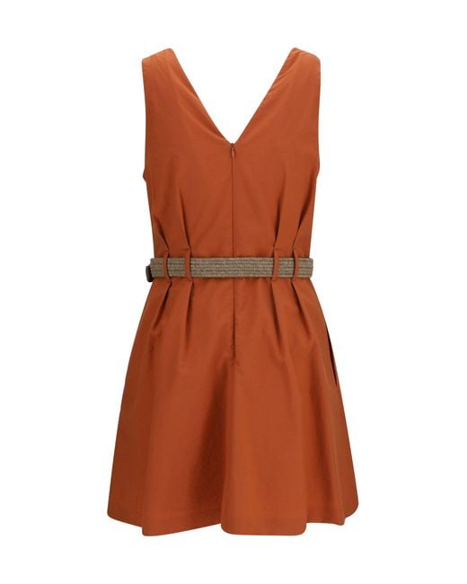Brunello Cucinelli Brown Pleated Dress With Rope Belt