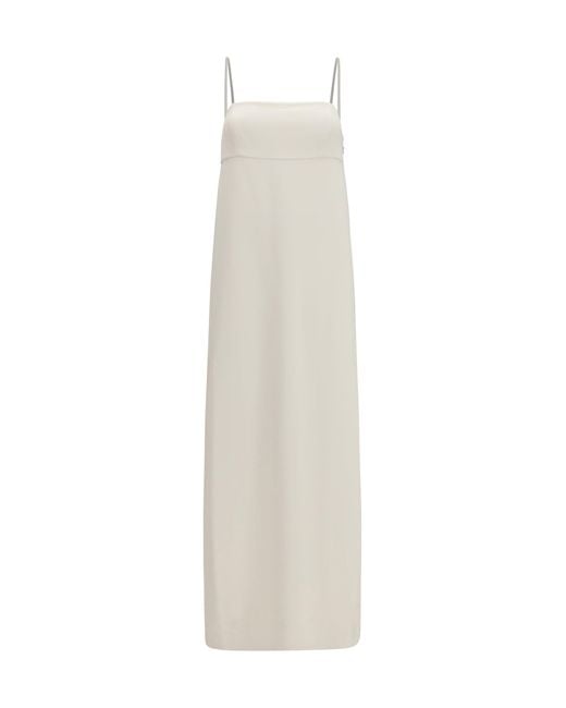 Brunello Cucinelli White Long Silk Dress With Monili Chain