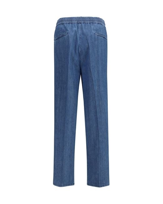 Brunello Cucinelli Blue Lightweight Denim Pants With Drawstring And Double Pleats for men