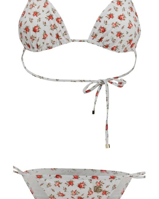 Dolce & Gabbana White Dolce & Gabbana Triangle Bikini With Roselline Print