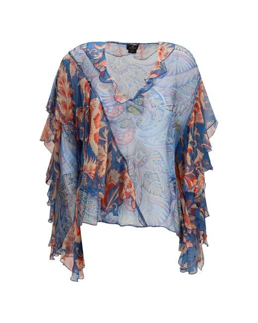Etro Blue Long-Sleeve Silk Shirt With Ruffles And Floral Motif