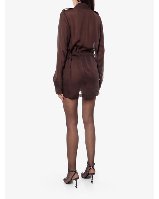 Saint Laurent Brown Organic Silk Dress With Waist Belt