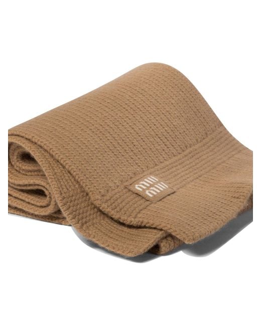 Miu Miu Brown Wool And Cashmere Scarf With Logo