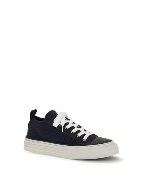 Brunello Cucinelli White Cotton Knit And Suede Sneakers