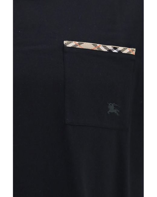Burberry Black Cotton T-Shirt With Check Trims for men