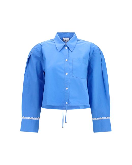 Ganni Blue Cotton Shirt With Lace Details