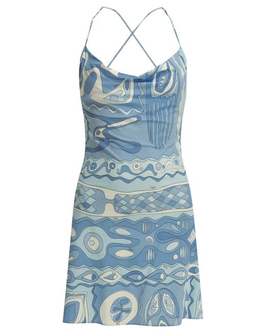 Women's Blue "Angoli" Short Dress With Open Back