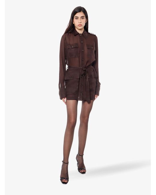 Saint Laurent Brown Organic Silk Dress With Waist Belt