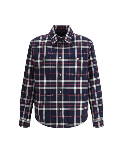 Gucci Blue Padded Tartan Cotton Jacquard Shirt for men