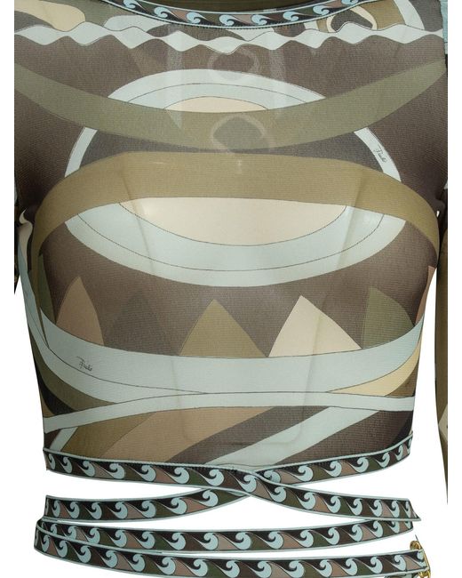 Emilio Pucci Green Vivara Print Tulle Top