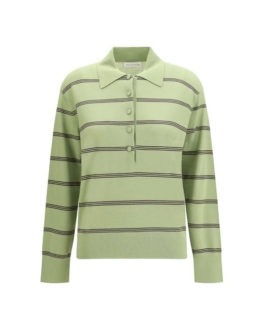 Dries Van Noten Green Merino Wool Striped Polo Sweater