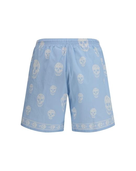 McQueen Blue Skull-Print Swim Shorts for men