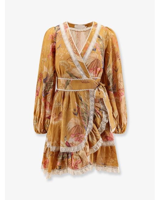 Zimmermann Natural Frill Cotton Short Dress With Floral Print