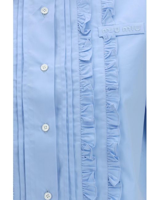 Miu Miu Blue Poplin Shirt With Ruffle Details