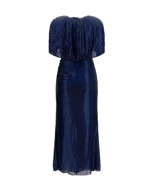 Self-Portrait Blue Midi Dress With Cape Sleeves And Crystals