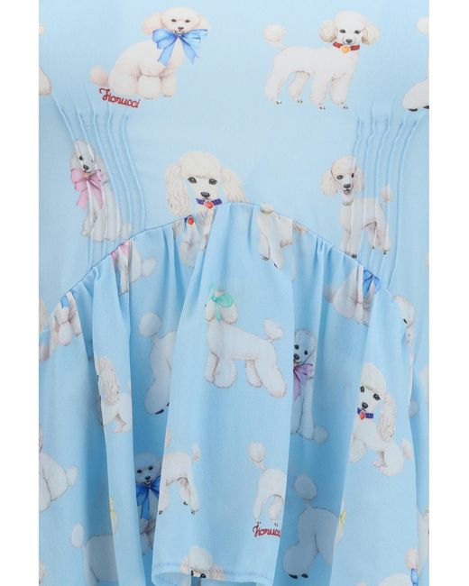 Fiorucci Blue Dress Poodle-Print Tiered Maxi