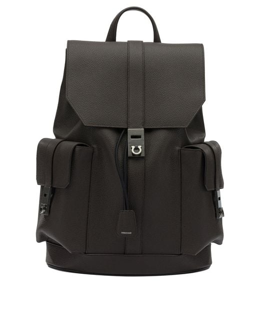 Ferragamo Black Double Pocket Leather Backpack for men