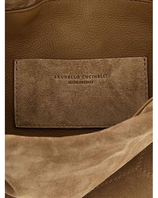 Brunello Cucinelli Natural Suede Shoulder Bag With Logo On The Front
