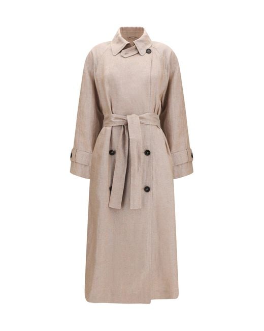 Brunello Cucinelli Natural Linen Trench Coat With Lurex