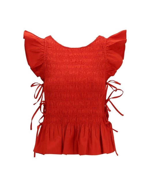 Ganni Red Ruched Cotton Top With Side Bows
