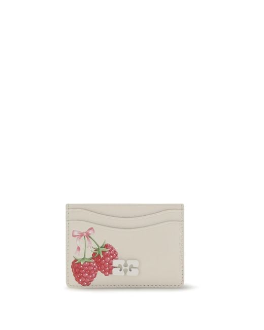 Ganni White Bou Card Holder With Raspberry Print