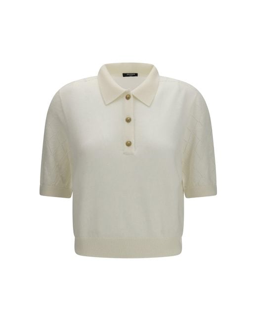 Balmain White Polo Top Wool