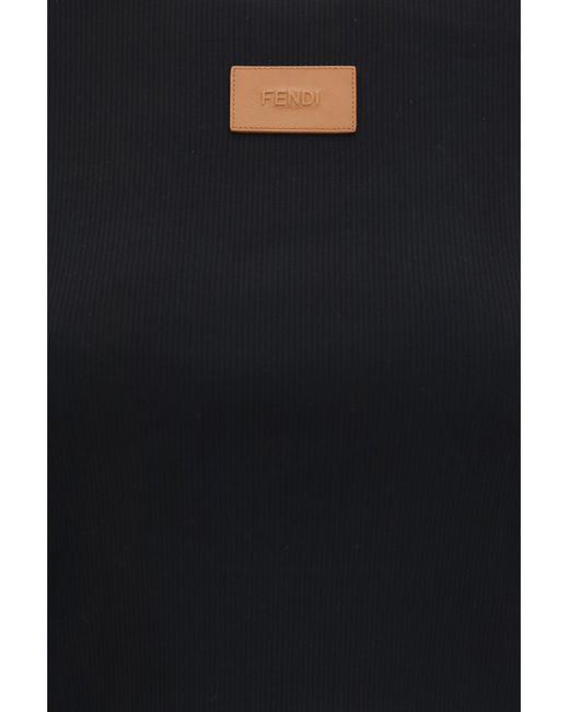 Fendi Black T-Shirt Cropped Ribbed Cotton