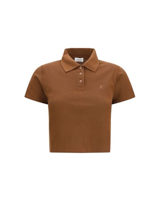 Saint Laurent Brown Cassandre Short Cotton Piqué Polo Shirt