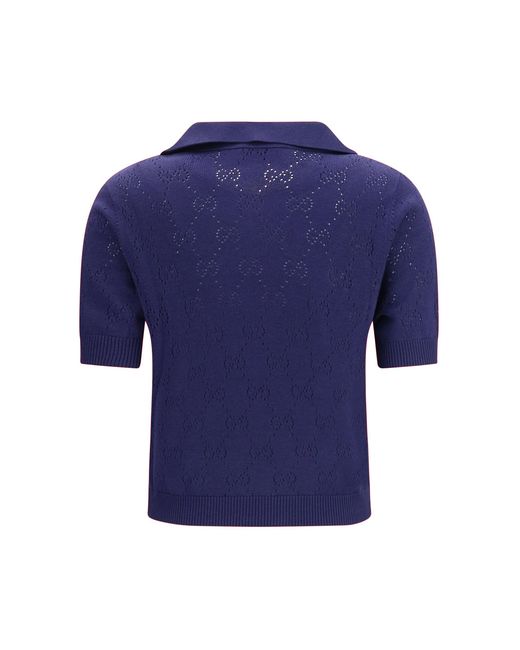 Gucci Blue Gg Pointelle Cotton Silk Polo Shirt