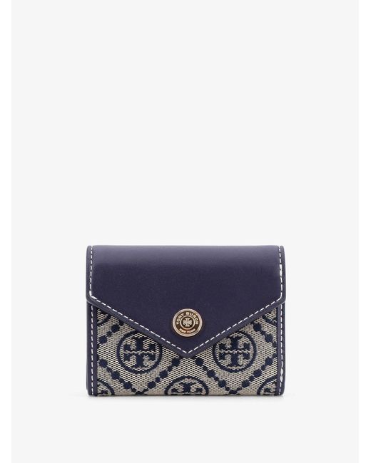 Tory Burch Blue Leather And T Monogram Fabric Wallet