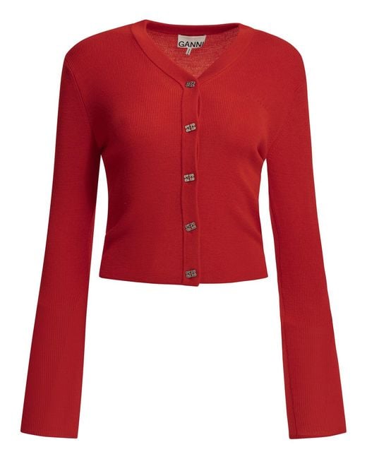 Ganni Red Merino Wool Cardigan