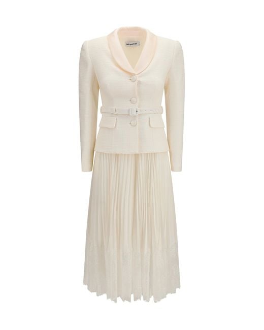 Self-Portrait White Bouclé Midi Dress With Shawl Collar